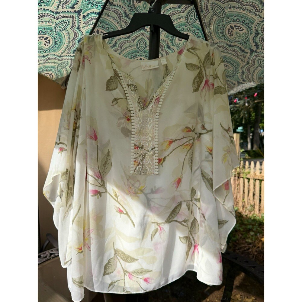 belle by Kim Gravel Floral Chiffon Sheer Tunic Blouse V-Neck Kimono 1X